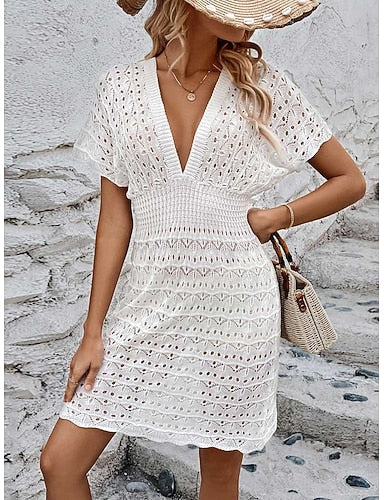 Cover Up Swimsuit Dress Cut Out Vacation Beach Wear Color V Neck Short Sleeves Bathing Suits