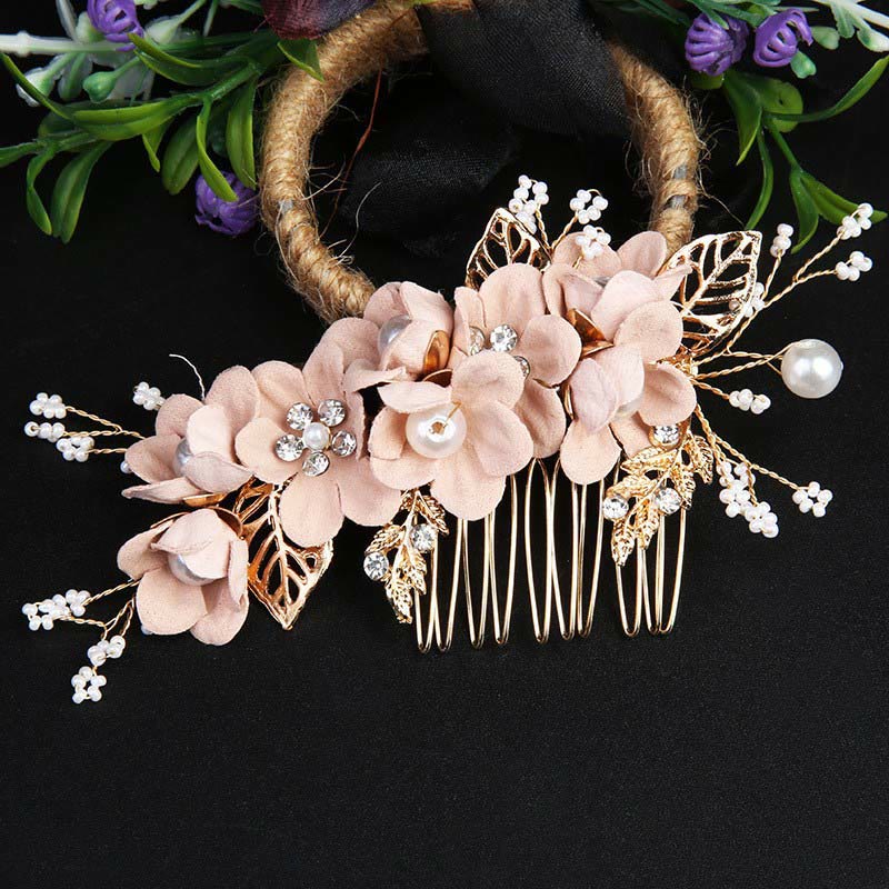 Golden Leaf Flower Pearl Chinese Hairpin Set - 4pcs Comb