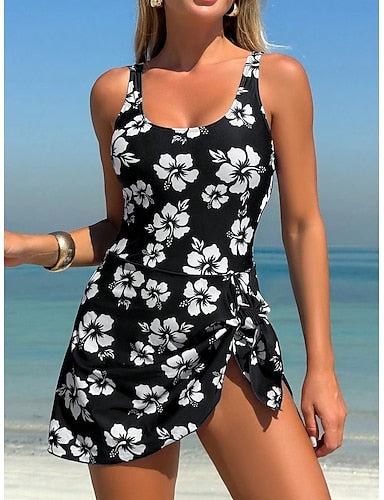 One Piece Swimsuit With Skirt Monokini High Cut Tummy Control High Waist Slim Backless Vacation Graphic U Neck Sleeveless Bathing Suits