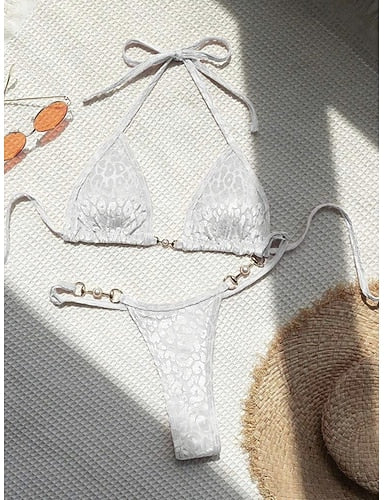 Swimwear Bikini 2 Piece Thong Swimsuit Slim Backless Vacation Beach Wear Color Leopard Halter Neck Sleeveless Bathing Suits