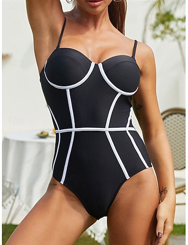 One Piece Swimsuit Underwire Colorblock Monokini Tummy Control High Waist Slim Backless Vacation V Neck Sleeveless Bathing Suits