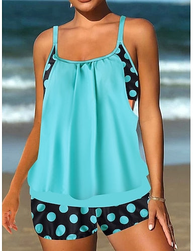 Tankini 2 Piece Swimsuit Shorts Tummy Control High Waist Slim Backless Vacation Beach Wear Polka Dot U Neck Sleeveless Bathing Suits
