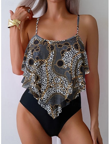 Tankini 2 Piece Swimsuit Leopard Briefs Tummy Control High Waist Slim Backless Vacation Beach Wear Scoop Neck Sleeveless Bathing Suits