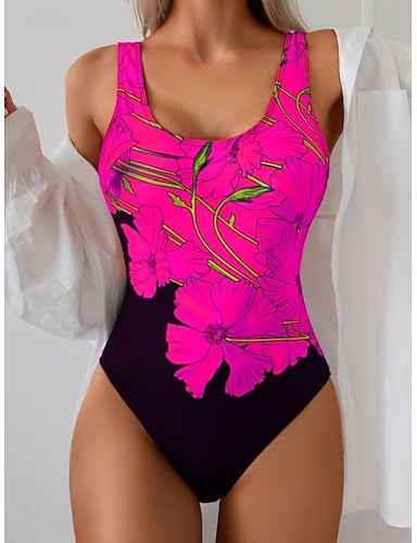 One Piece Swimsuit Slimming Monokini Briefs Tummy Control High Waist Slim Backless Vacation Graphic U Neck Sleeveless Bathing Suits