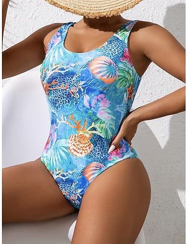 Swimwear One Piece Briefs Swimsuit Vacation Graphic Leopard Round Neck Sleeveless Bathing Suits