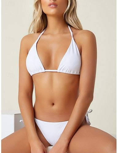 Bikini 2 Piece Swimsuit Thong Slim Backless Vacation Beach Wear Color Halter Neck Sleeveless Bathing Suits