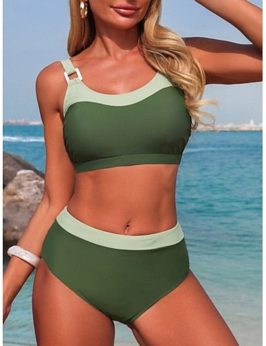 Swimwear Bikini 2 Piece Briefs Swimsuit Tummy Control High Waist Slim Backless Vacation Beach Wear Color Block U Neck Sleeveless Bathing Suits