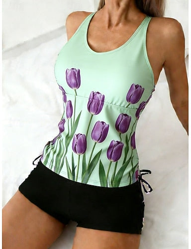 Swimwear Tankini 2 Piece High Waist Swimsuit Tummy Control High Waist Slim Backless Vacation Beach Wear U Neck Sleeveless Bathing Suits