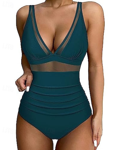 Swimwear One Piece Bikini Shorts Swimsuit Mesh Backless Vacation Beach Wear Color V Neck Sleeveless Bathing Suits
