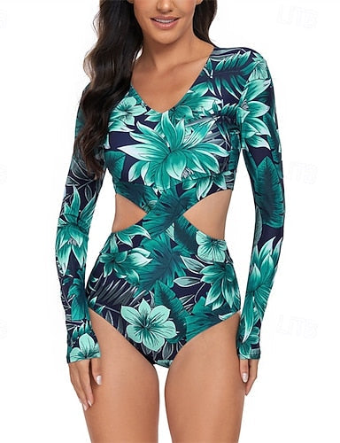 Rash Guard One Piece Swimsuit Printed Cut Out Uv Sun Protection Quick Dry Lightweight Long Sleeve Bodysuit Bathing Suit Surfing Beach Water Sports Summer