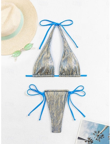 Bikini 2 Piece Swimsuit Thong Slim Backless Vacation Beach Wear Color Halter Neck Sleeveless Bathing Suits