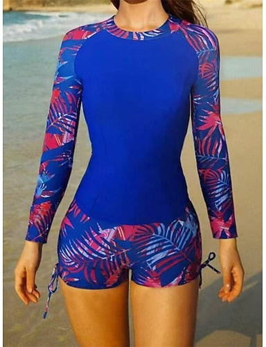 Tankini 2 Piece Swimsuit Ruched Palm Shorts Tummy Control High Waist Slim Backless Vacation Beach Wear Leaves Round Neck Long Sleeve Bathing Suits