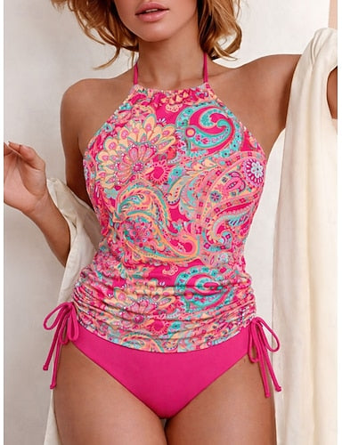 Swimwear Tankini 2 Piece Cheeky Swimsuit Drawstring Vacation Beach Wear Graphic Halter Neck Sleeveless Bathing Suits