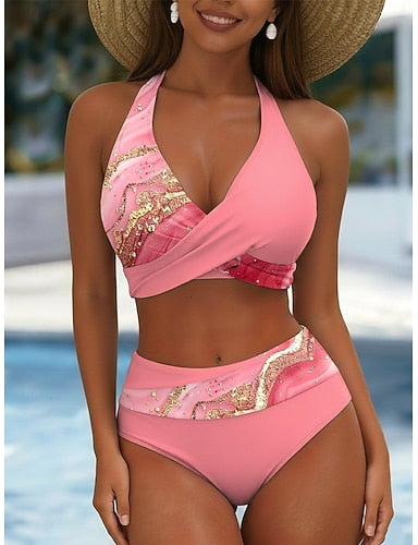Bikini 2 Piece Swimsuit Colorblock Skirt Vacation Graphic Striped V Neck Sleeveless Bathing Suits