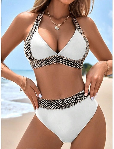 Bikini 2 Piece Swimsuit Colorblock Briefs Slim Backless Vacation Beach Wear Color Halter Neck Sleeveless Bathing Suits