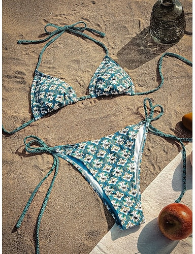 Swimwear Bikini 2 Piece Thong Swimsuit Slim Backless Vacation Beach Wear Halter Neck Sleeveless Bathing Suits