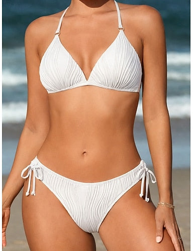 Swimwear Bikini 2 Piece Briefs Swimsuit Backless Vacation Beach Wear Plain Halter Neck Sleeveless Bathing Suits