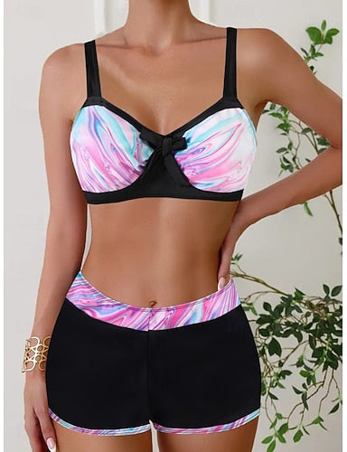 Bikini 2 Piece Swimsuit Shorts Slim Backless Vacation Beach Wear Color Block Geometic V Neck Sleeveless Bathing Suits