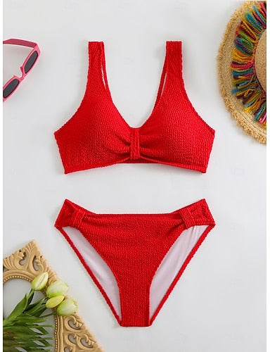 Bikini 2 Piece Swimsuit Ruched Underwire Cheeky Slim Backless Vacation Beach Wear Color V Neck Sleeveless Bathing Suits