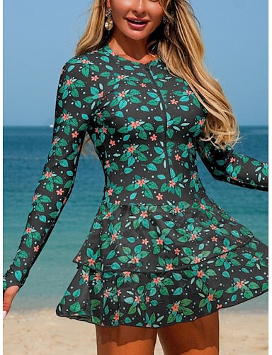 Swimwear Tankini 2 Piece Shorts Swimsuit Zip Up Tummy Control High Waist Slim Vacation Beach Wear Round Neck Sleeveless Long Sleeve Bathing Suits