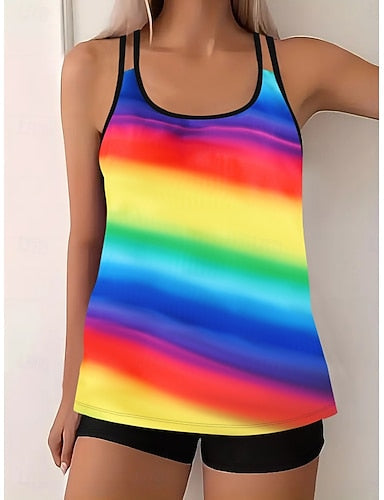 Tankini 2 Piece Swimsuit High Waist Tummy Control High Waist Slim Backless Vacation Beach Wear Ombre Geometric U Neck Sleeveless Bathing Suits
