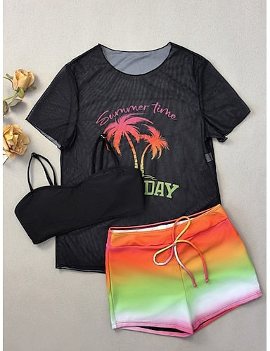 Swimwear One Piece Bikini Shorts Swimsuit Drawstring Vacation Beach Wear Graphic Round Neck Long Sleeve Bathing Suits