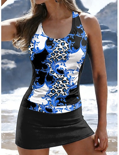Swimwear Tankini 2 Piece Skirt Swimsuit Ruched Vacation Beach Wear Graphic Geometric U Neck Sleeveless Bathing Suits