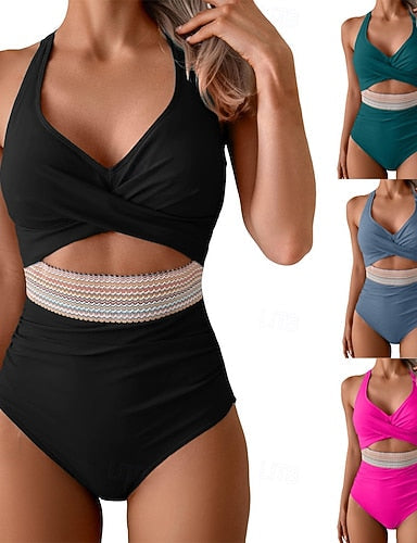 One Piece Swimsuit Cutout Monokini High Waist Tummy Control High Waist Slim Backless Vacation Beach Wear Color Halter Neck Sleeveless Bathing Suits