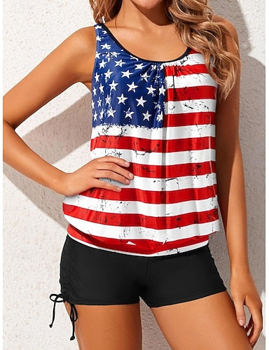 Independence Day Patrioticwomen's Tankini 2 Piece Swimsuit Shorts Tummy Control High Waist Slim Backless Vacation Beach Wear Graphic U Neck Sleeveless Bathing Suits