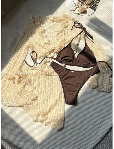 Swimwear Bikini Three Piece Cheeky Swimsuit Slim Backless Vacation Beach Wear Color Halter Neck Sleeveless Long Sleeve Bathing Suits