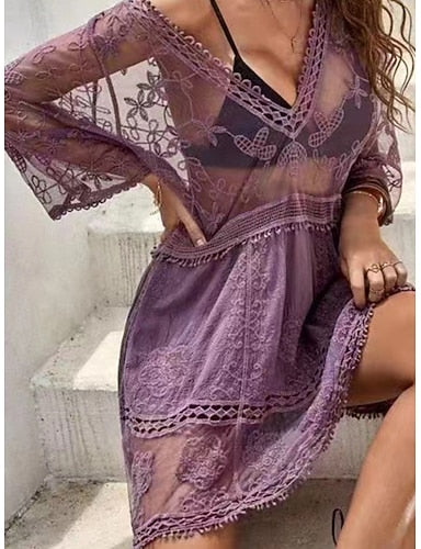 Cover Up Swimsuit Dress Lace Patchwork Vacation Beach Wear Color V Neck Long Sleeve Bathing Suits