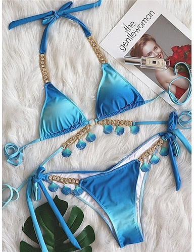 Bikini 2 Piece Swimsuit Cheeky Slim Backless Vacation Beach Wear Ombre Halter Neck Sleeveless Bathing Suits