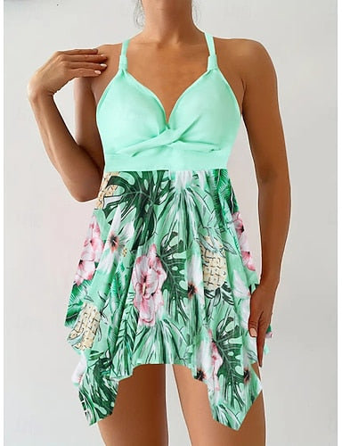Swimwear Tankini 2 Piece Cheeky Swimsuit Tummy Control High Waist Slim Backless Vacation Beach Wear Graphic V Neck Sleeveless Bathing Suits