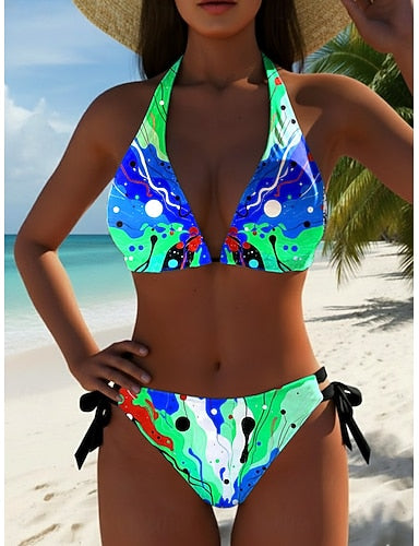 Bikini 2 Piece Swimsuit Cheeky Slim Backless Vacation Beach Wear Graphic Geometric V Neck Sleeveless Bathing Suits