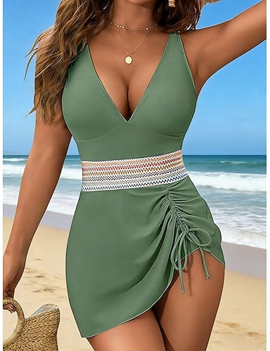 Swimwear One Piece Monokini Swimsuit Tummy Control High Waist Slim Backless Vacation Beach Wear Color V Neck Sleeveless Bathing Suits