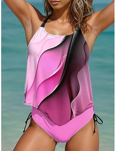 Tankini 2 Piece Swimsuit Cheeky Backless Vacation Beach Wear Ombre Halter Neck Sleeveless Bathing Suits