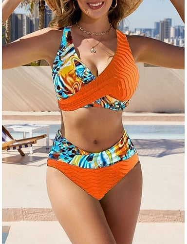 Bikini 2 Piece Swimsuit Ruched Colorblock Cheeky Slim Backless Vacation Beach Wear Graphic Geometric V Neck Sleeveless Bathing Suits