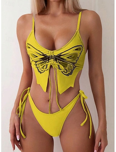 Bikini 2 Piece Swimsuit Tie Side Slim Backless Vacation Beach Wear Butterfly V Neck Sleeveless Bathing Suits