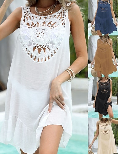 Swimwear Cover Up Swim Dress Swimsuit Cut Out Vacation Beach Wear Color Round Neck Sleeveless Bathing Suits