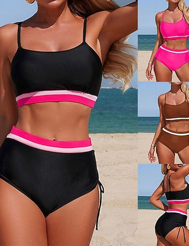 Bathing Suit High Waisted Ruched Bikini 2 Pieces Colored Elastic Sleeveless Swimwear Surfing Beach Vacation Summer