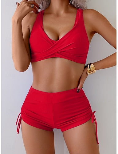 Bikini 2 Piece Swimsuit Briefs Slim Backless Vacation Beach Wear Color V Neck Sleeveless Bathing Suits