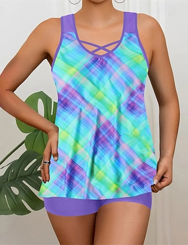 Tankini Two Piece Swimsuit V Neck Swimwear Swimwear White Blue Breathable Quick Dry Lightweight Sleeveless - Swimming Surfing Beach Summer Spring
