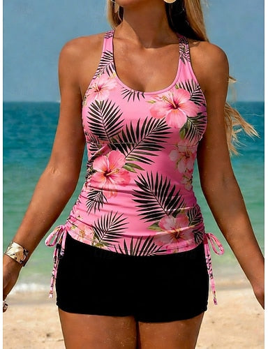 Swimwear Tankini 2 Piece High Waist Swimsuit Tummy Control High Waist Slim Backless Vacation Beach Wear U Neck Sleeveless Bathing Suits