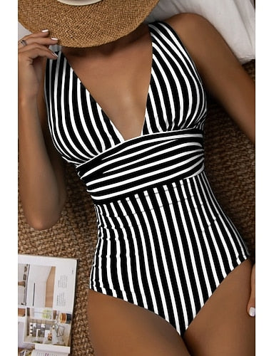 Swimwear One Piece Swimsuit Ruched Slimming Backless Tropical Beach Wear Striped V Wire Sleeveless Bathing Suits