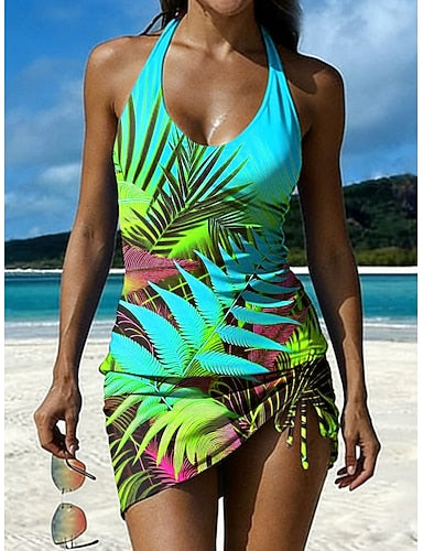 Swimwear Tankini Skirt Swimsuit Drawstring Knit Vacation Graphic U Neck Sleeveless Bathing Suits