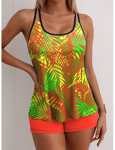 Tankini 2 Piece Swimsuit Palm High Waist Backless Vacation Beach Wear Graphic Geometic Scoop Neck Sleeveless Bathing Suits