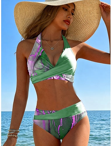 Bikini 2 Piece Swimsuit Cheeky Vacation Ombre Graphic V Neck Sleeveless Bathing Suits