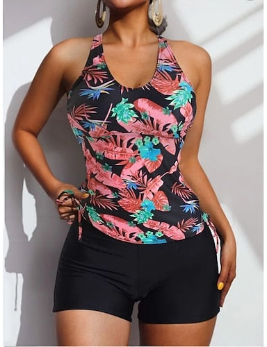 Swimwear Tankini 2 Piece Shorts Swimsuit Tummy Control High Waist Slim Backless Vacation Beach Wear Tropical U Neck Sleeveless Bathing Suits