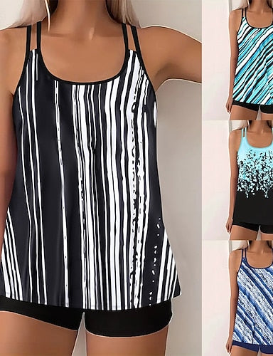 Tankini 2 Piece Swimsuit Boy Leg Tummy Control High Waist Slim Backless Vacation Beach Wear Geometric Striped Halter Neck Sleeveless Bathing Suits