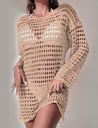 Swimwear Cover Up Swim Dress Swimsuit Cut Out Vacation Beach Wear Plain Round Neck Long Sleeve Bathing Suits
